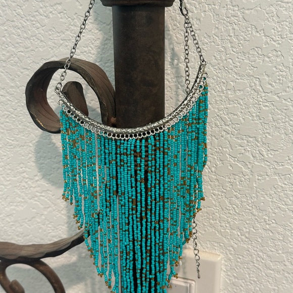 Boho Turquoise Beaded Fringe Necklace - Picture 2 of 2